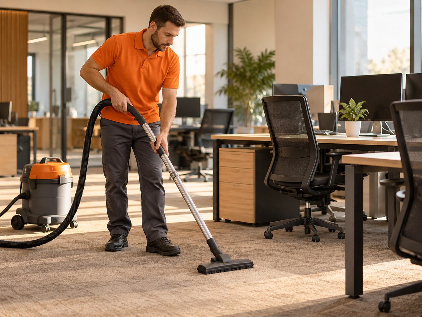 Illustrative photo of an office cleaning professional vacuuming around workstations