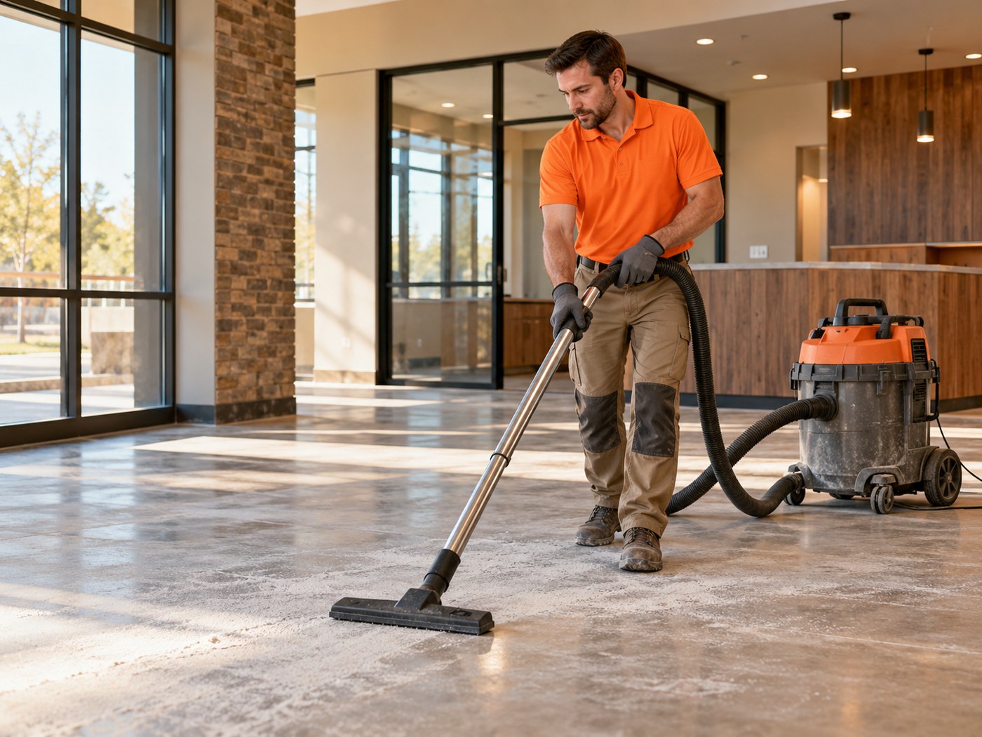 Illustrative photo of a cleaning professional removing construction dust from a newly completed interior