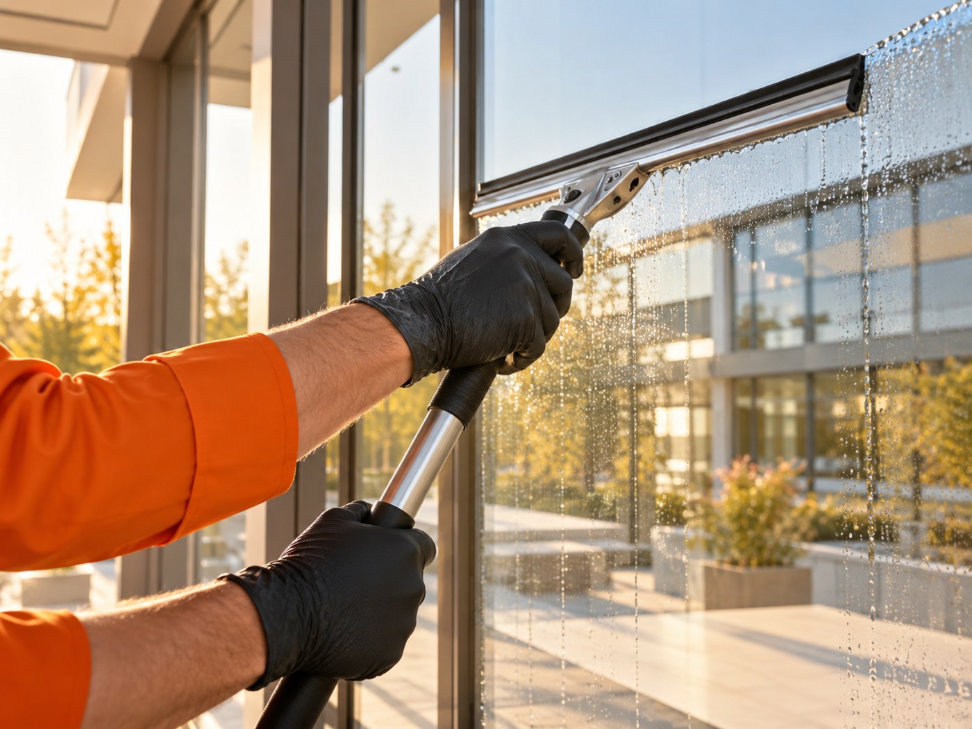 Illustrative photo of gloved hands cleaning commercial glass with a squeegee